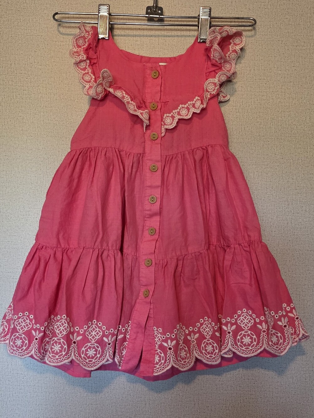 Max Studio Hot Pink Button-Front Tiered Dress with White Embroidery